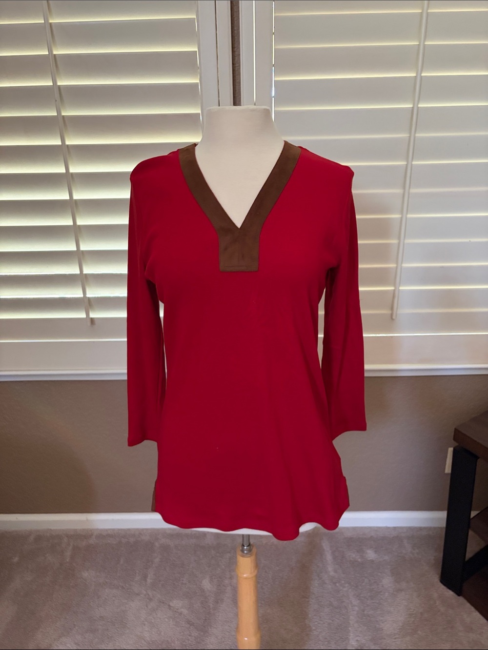 Lauren Ralph Lauren Red V-Neck Tunic Top with Brown Trim